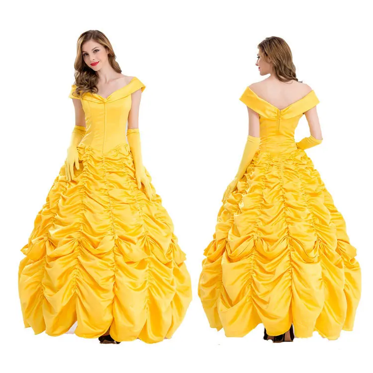 

Women Girls Princess Dress Beauty And Beast Belle Costume Adult Sexy Fairy Tale Palace Yellow Long Dress Halloween Party Cosplay