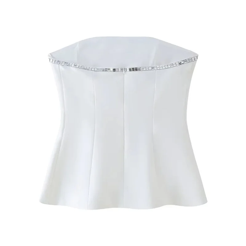 TRAF strass Crop Top bianco donna corsetto con spalle scoperte Top senza maniche Backless Summer Bustier Top donna Sexy Short Tops