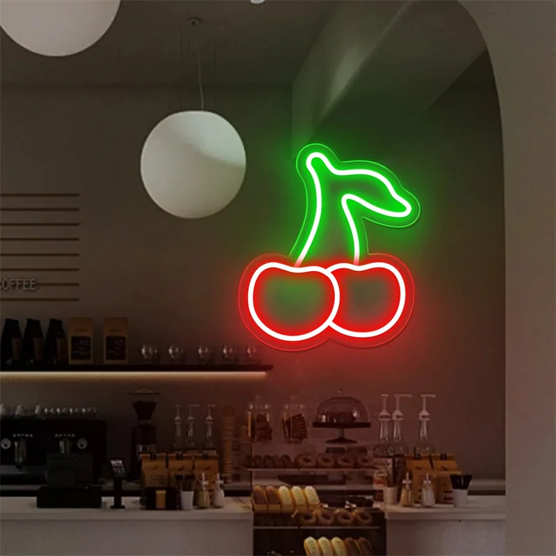 Sinal de néon LED para o quarto das crianças, sinal de fruta cereja, frutas fofas, restaurante, bar