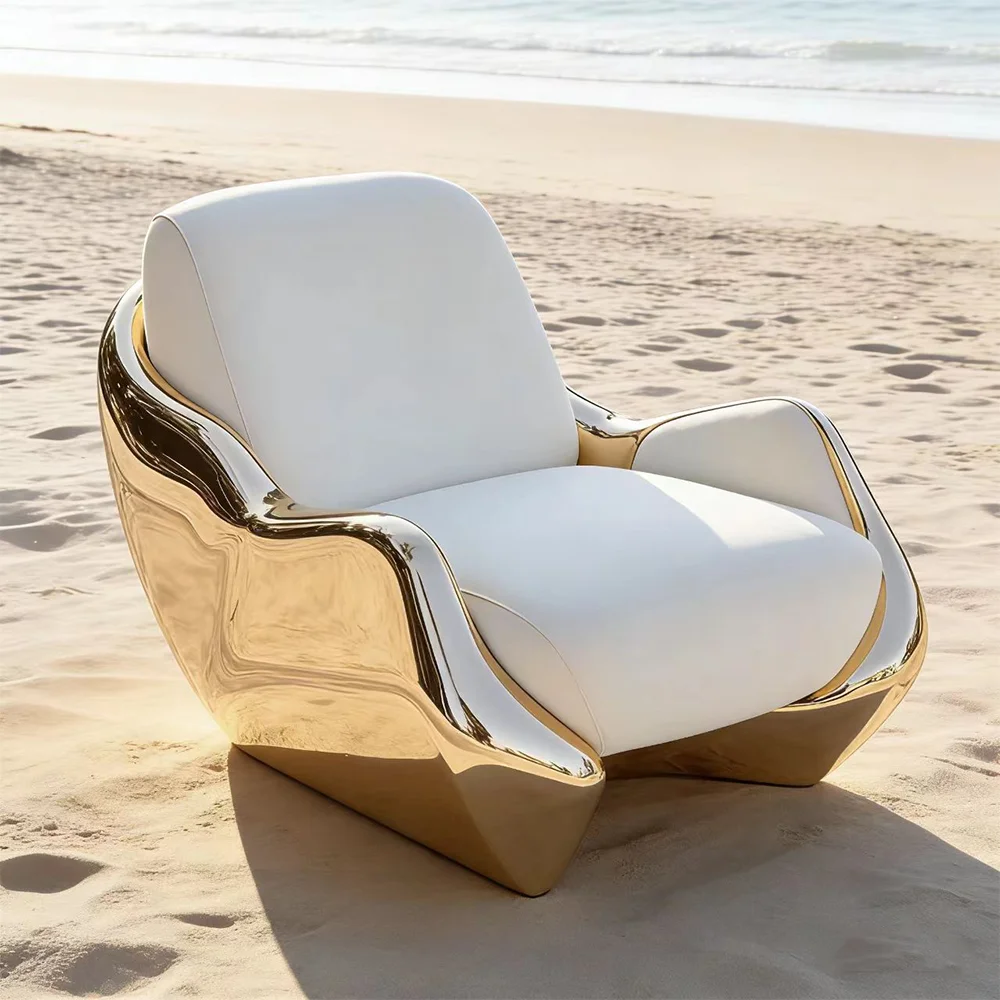 

Luxury Modern Gold Metal Lounge Chair Unique Shaped White Leather Single Sofa Armchair Artistic Living Room Furniture