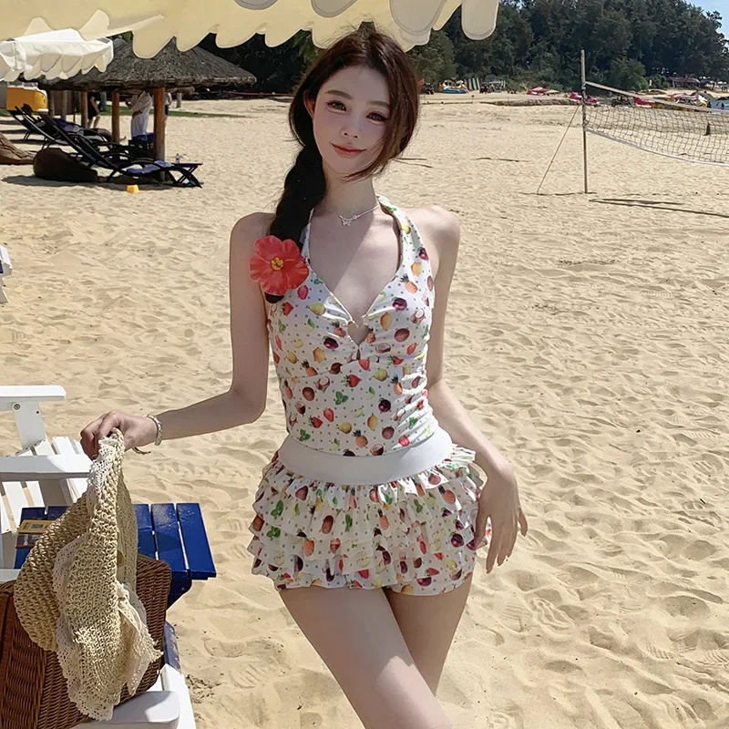 

Korean Style Fruit Print Hollow out Neckline Bikini Set Cute Student Vacation Swimwear Women's Two-Piece Swimsuit Summer Hot Sal