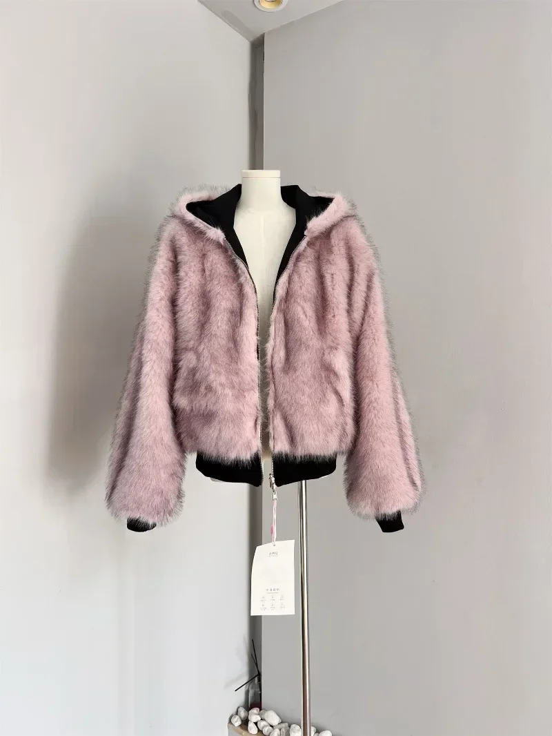 MiiiiX Sweet Pink Reversible Faux Fur Jacket Plush Hooded Sweatshirt Loose Casual Thicken Hoodies Outerwear Women's Winter Coat