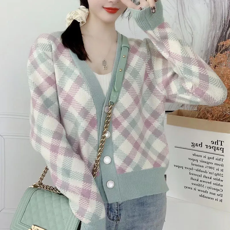 Zoki Women V Neck Sweet Cardigan Fall Loose Patchwork Long Sleeve Knitted Coats Vintage Casual Korean Female Elegant Cardigan