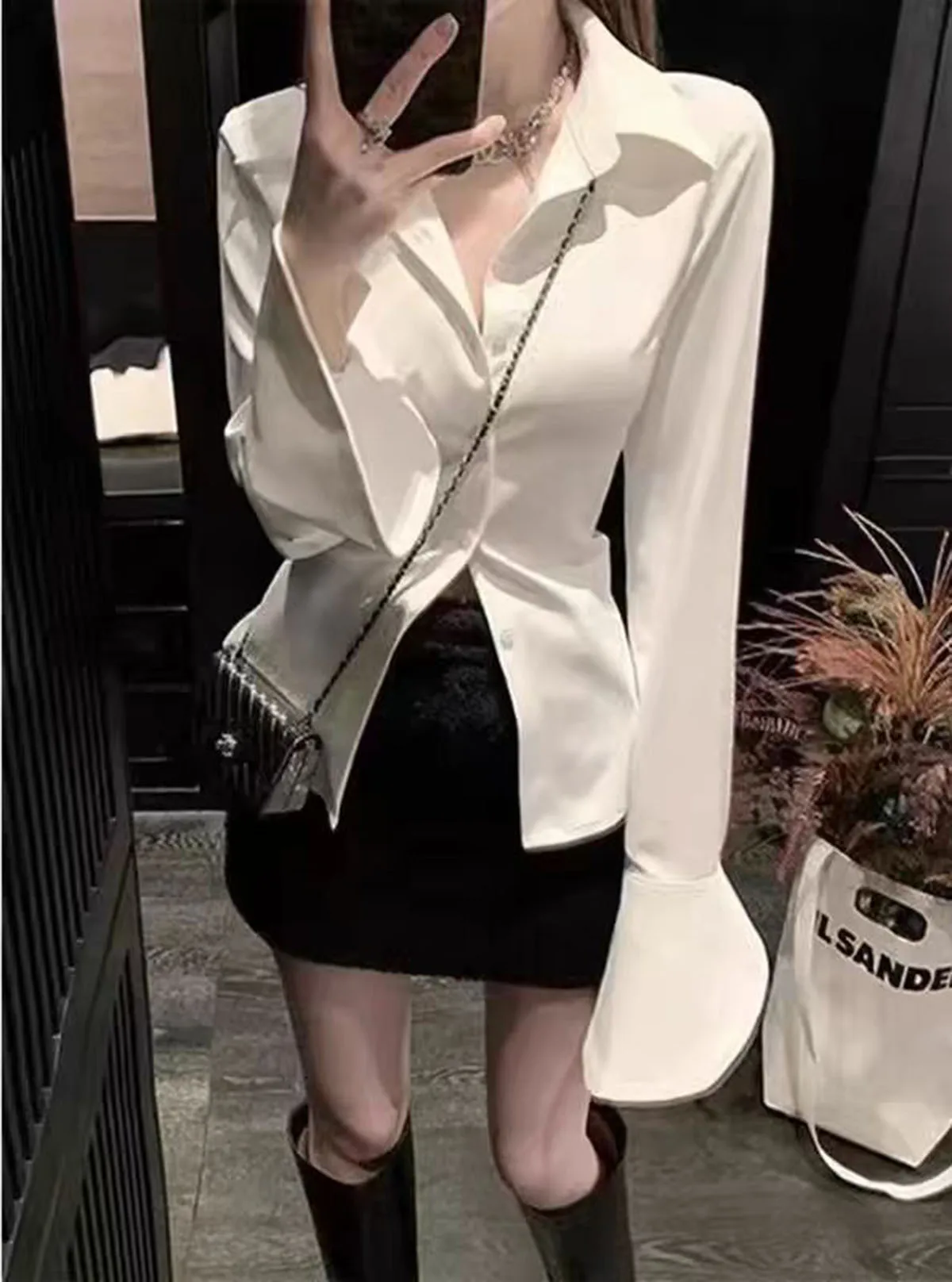 Slim Chiffon Shirt For Women White Long-sleeved Spring New Horn Sleeve Sexy Girls Blouse Elegant Ladies Shirts Female Chic Tops