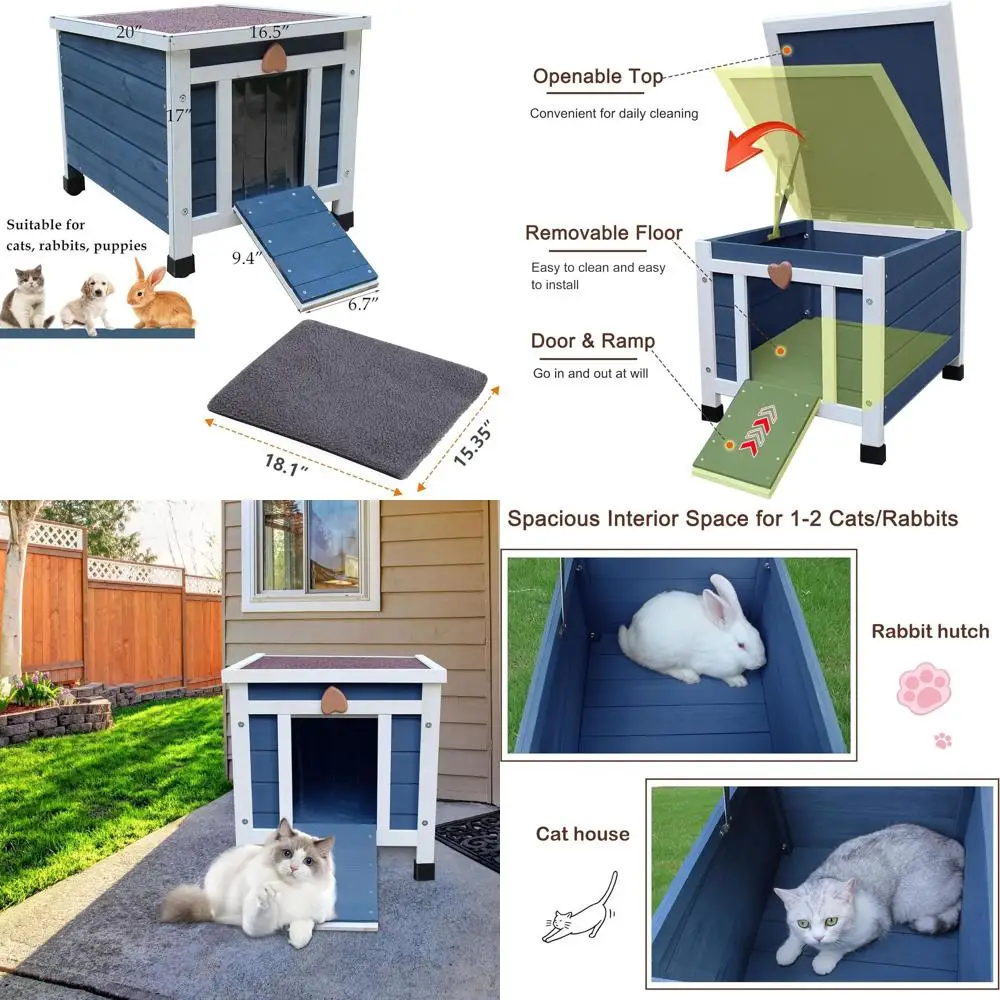 

Weatherproof Outdoor Cat House for Small Pets, Wooden Habitat with Mat (Green, Blue)