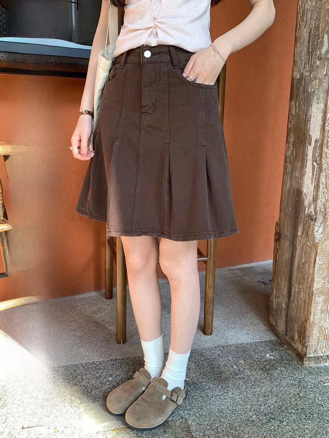 

High Waist A-Line Skirt Pleated Workwear Style Korean Personality Cotton Breathable Casual City Commute Daily Date Skirt