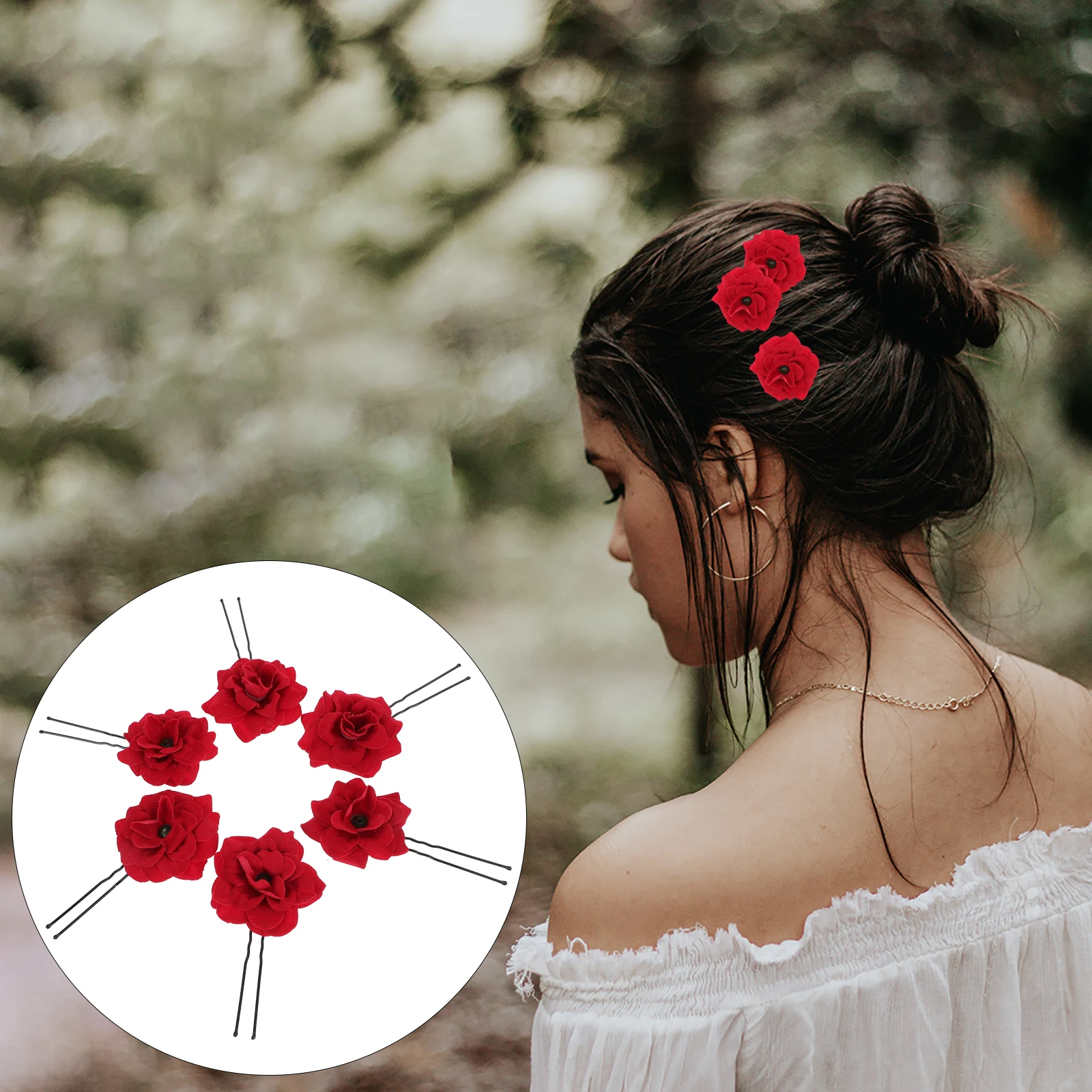 

6 Pcs Retro Rose Hairpin U Shaped Pins Decorative Bridal Hair Sticks Women Accessories Flower Clips Red Wedding Party Hair Care