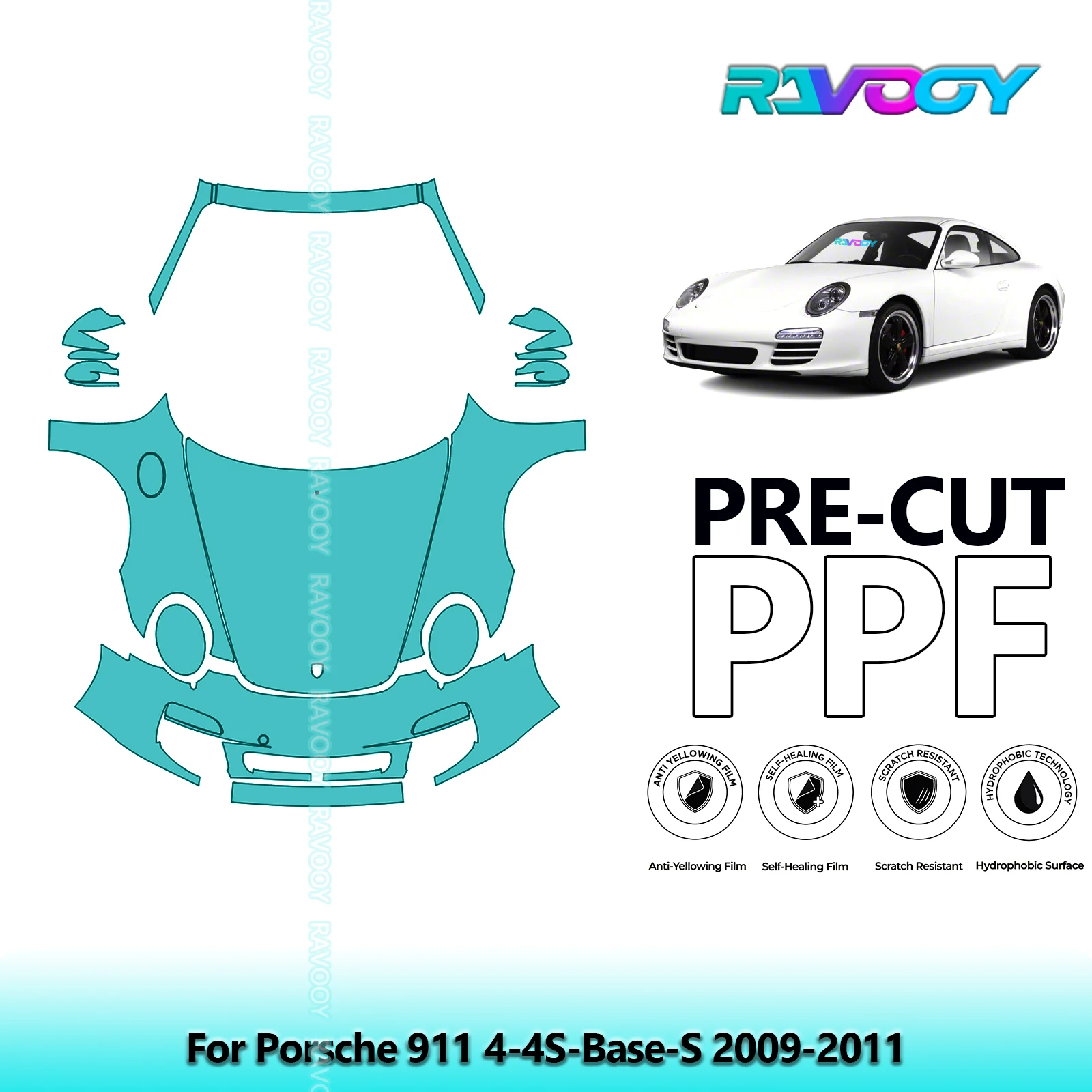 RAVOOY Custom-Fit Precut TPU PPF Front Kit Clear Bra Stone Guard EU UK For Porsche 911 4-4S-Base-S 2009-2011