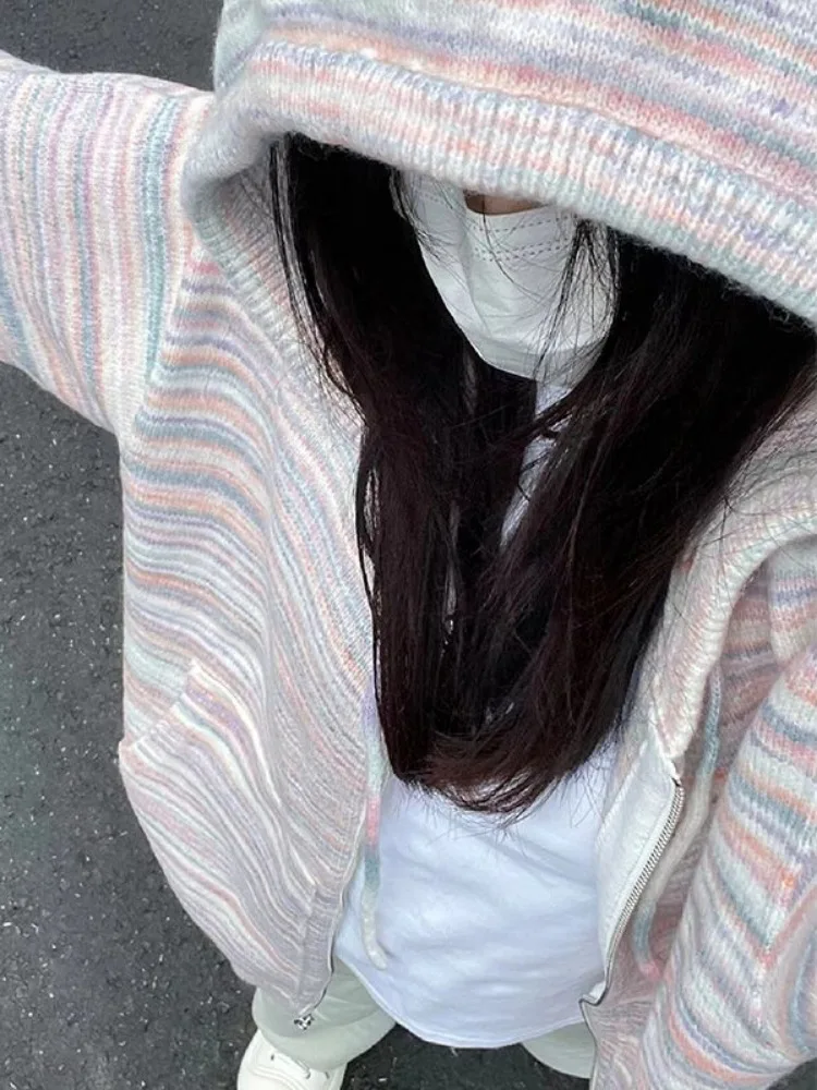 Japanese Y2k Rainbow Striped Kawaii Cardigans Women Autumn All Match Hooded Sweaters Loose Zipper Grunge Knitted Coat Pull Femme