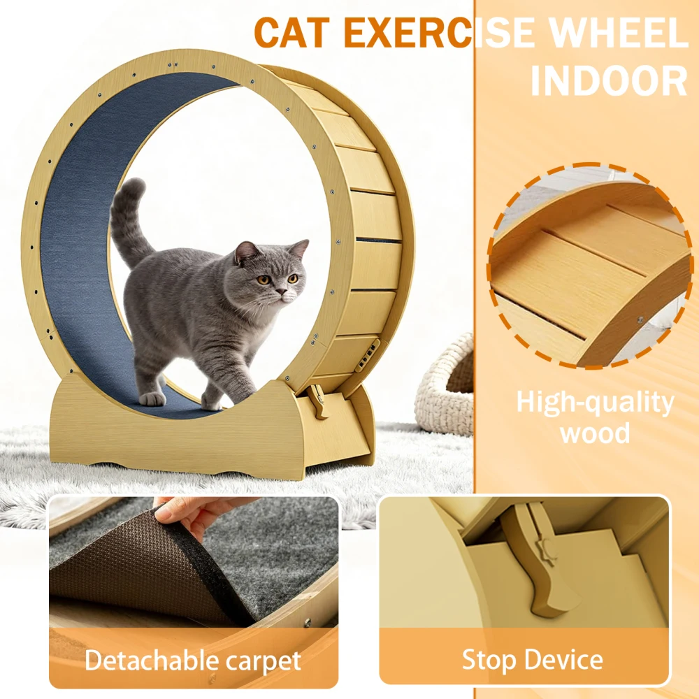 Cat Exercise Wheel for Indoor Cats, 42" Cat Treadmill Wheel with Detachable Carpeted Runway, Natural Solid Wood Sturdy Running