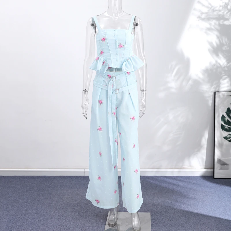Eleganter bedruckter Damen-Westen-Hosenanzug, ärmelloses Oberteil mit Blumenmuster, plissiert, weit geschnittene Hose, Damen-Set, Sommer-Herbst 2026, Damen-Sets – Detail 12