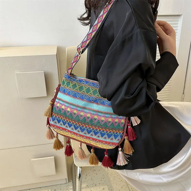 Vintage Women\'s Bag Tassel Ethnic Handwoven Crossbody for Lady Bag Hippie Sling Shoulder Bags for Ladies Handbag Сумка Женская