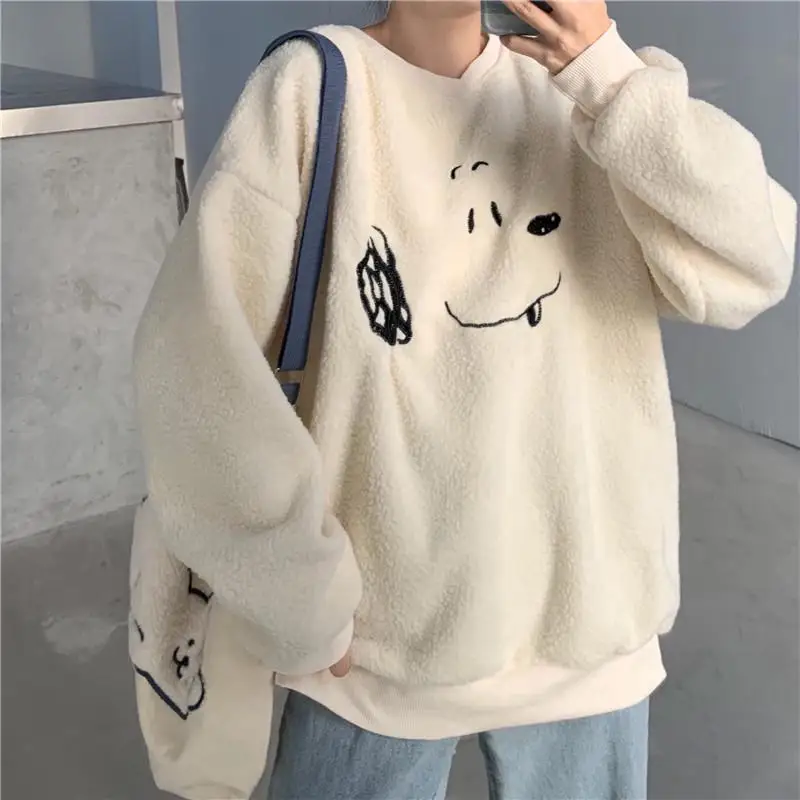 

Apricot Lamb Wool Embroidery Cute Puppy Female Loose Pullover Sweet Girly Style Winter New Women Casual Sweatshirt Couple Jumper