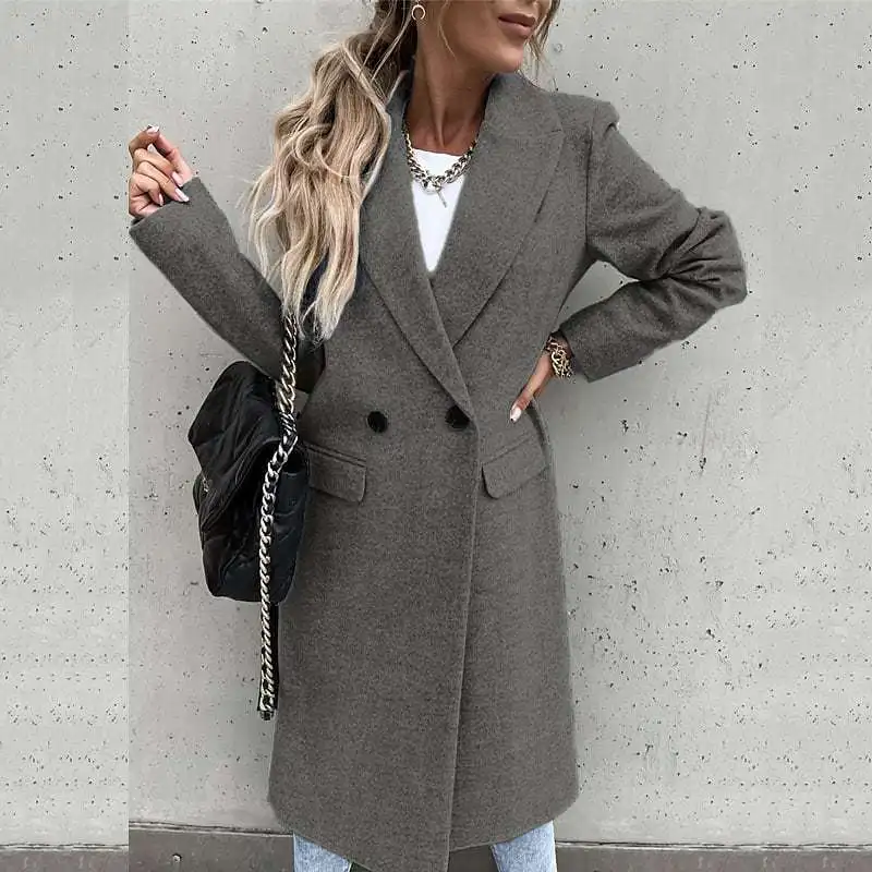 

Autumn Winter Blends Coats Women Solid Color Long Suit Collar Windbreak Woolen Coat Jackets Straight Causal Streetwear Trench