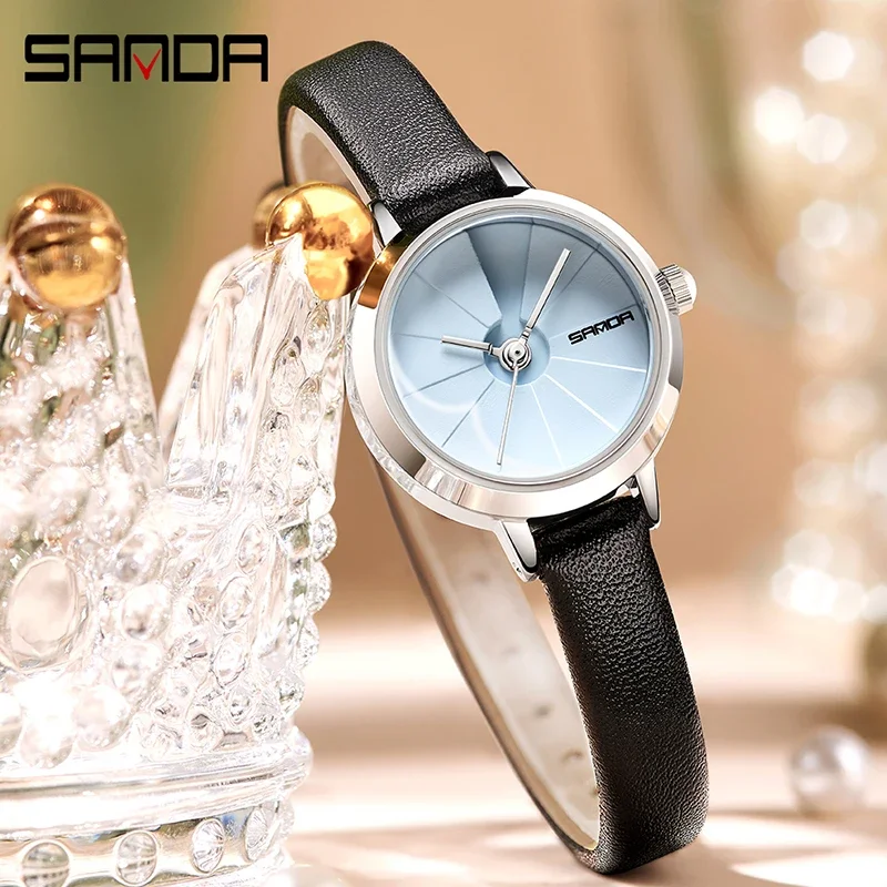 SANDA 1113 Reloj de cuarzo para mujer, relojes de oro rosa para mujer, moda informal, correa de cuero marrón, reloj resistente al agua, caja de regalo para mujer