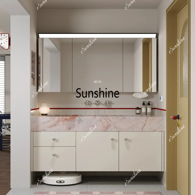 French cream style bathroom cabinet combination rock slab seamless integrated basin