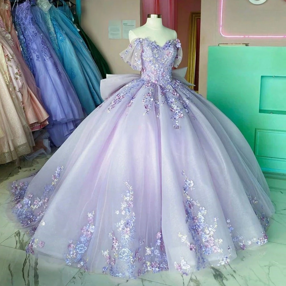 Vestido de baile lilás Charro Quinceanera, Apliques de tule fora do ombro, laço doce mexicano, 16 vestidos, 15 anos