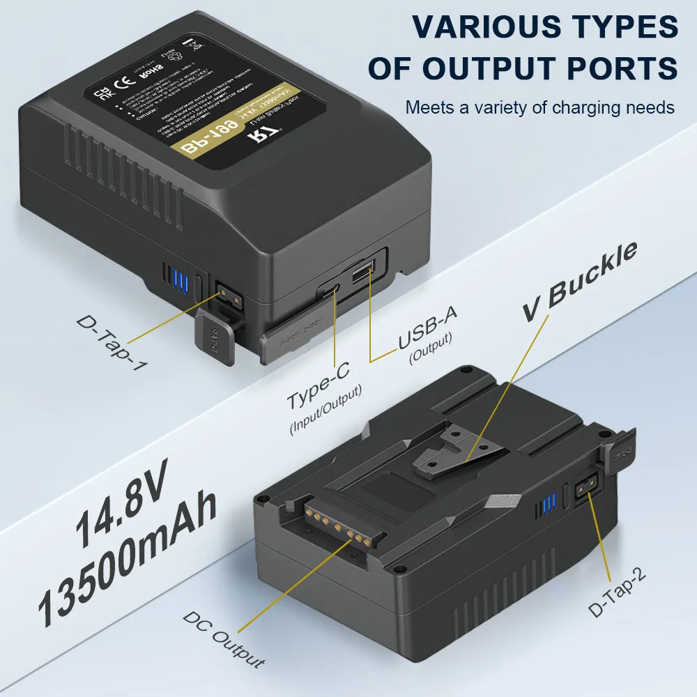 V-Mount Battery BP-199 13500mAh Long Life for Sony Camera, PD45W Type-C Fast Charging, LED Light, Power Bank Multi-Use