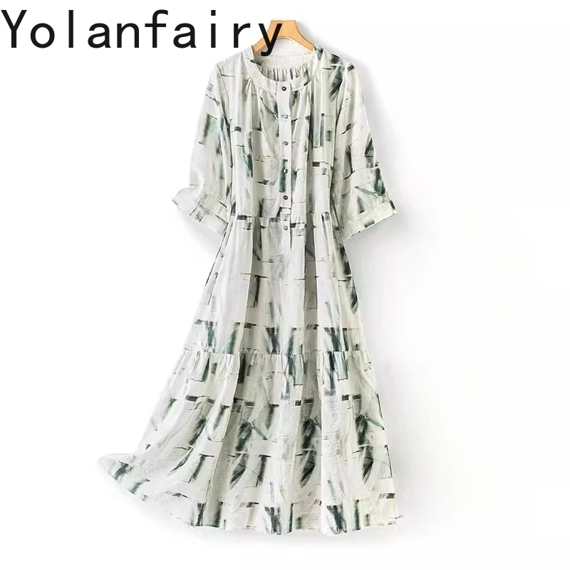 YOLANFAIRY 76% Real Mulberry Silk Dresses for Woman Summer 2026 Fashion Printed Dress Women Clothing Dry Silk Loose Dress New