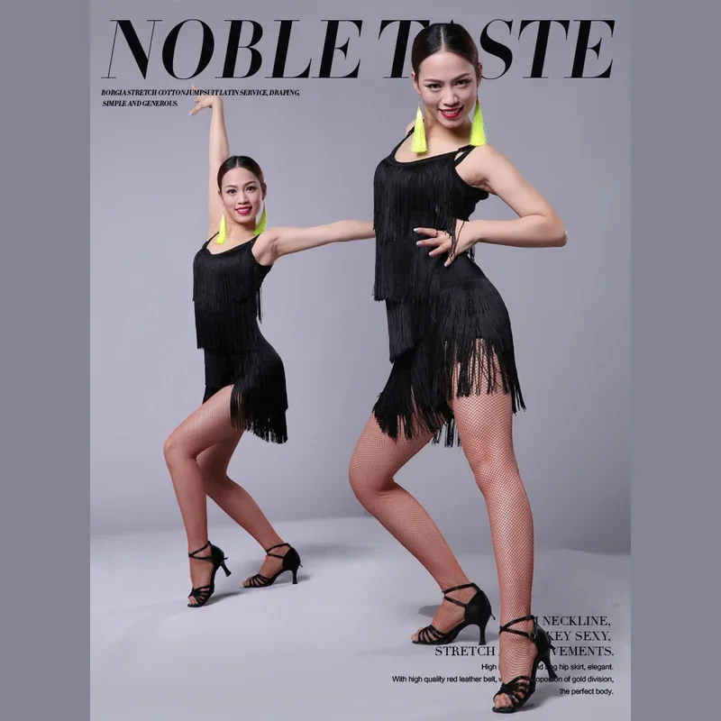 Ragazze Donne Sala da ballo moderna Vestito da ballo latino Nappa Frangia Salsa Tango Costume da ballo Sexy Rosso Nero Performance Stage Wear