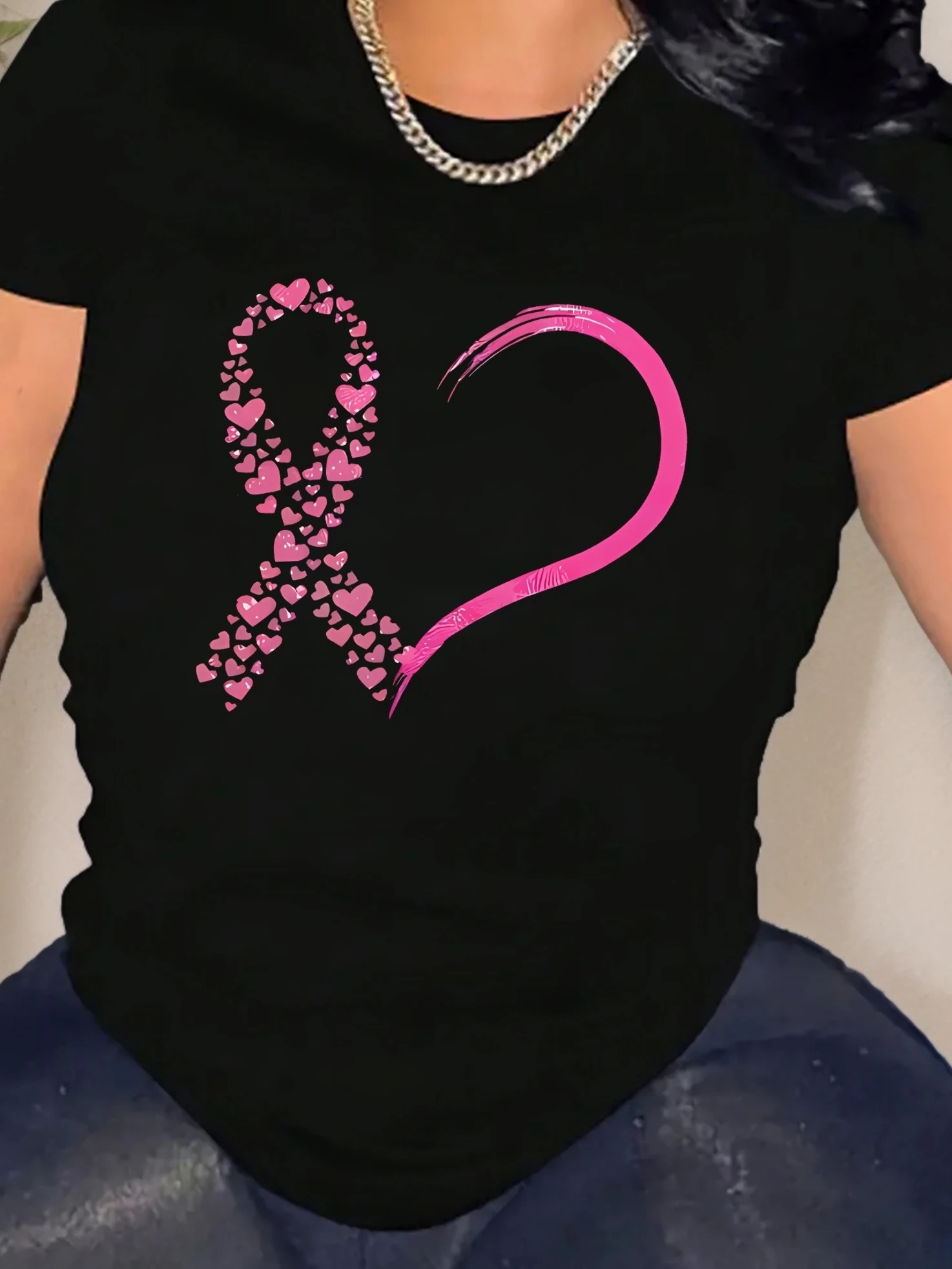 

Женская повседневная футболка с информацией о раке молочной железы — мягкий эластичный топ с геометрическим принтом розового сердца и круглым вырезом с короткими рукавами