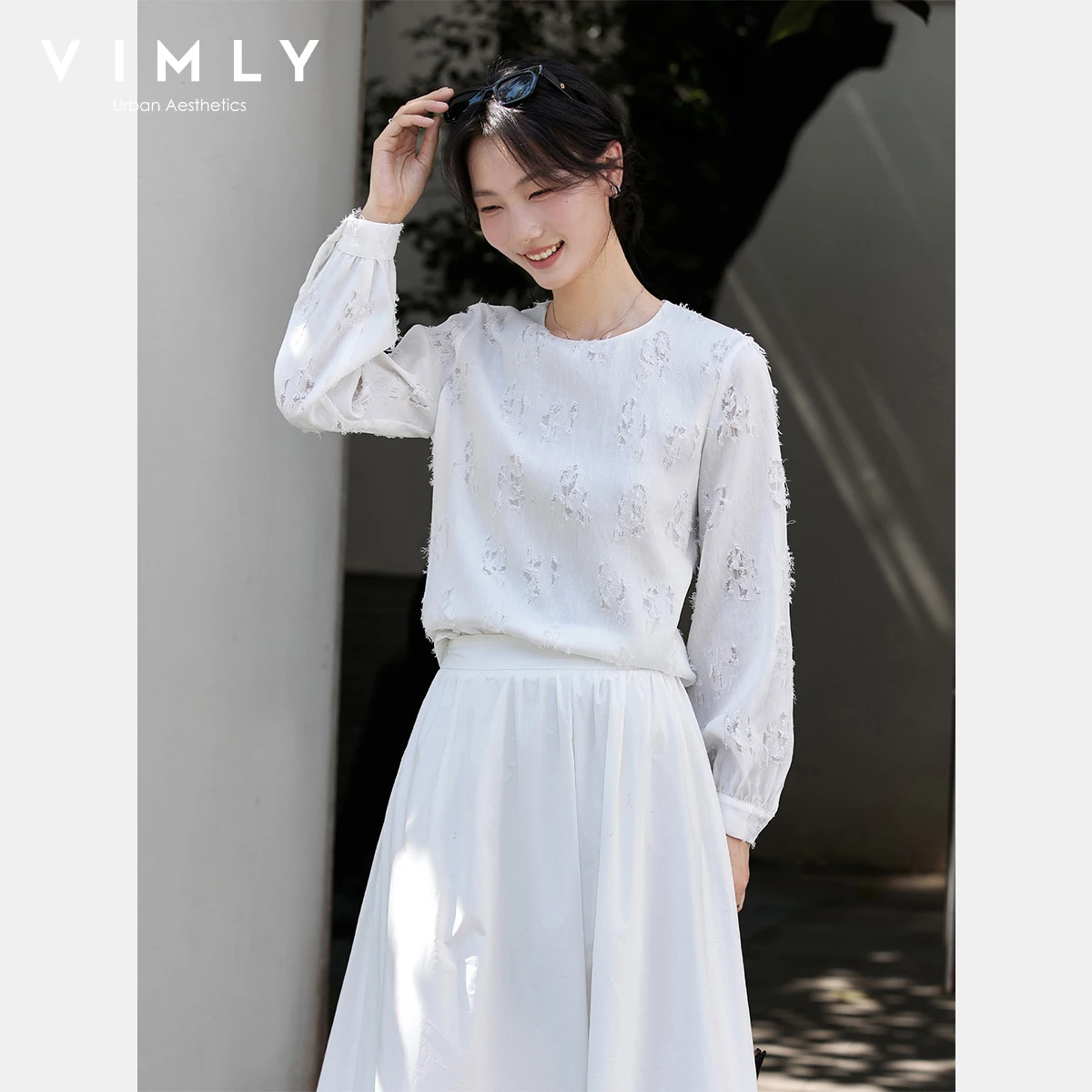 VIMLY Women's White Tassel Blouse Fall 2025 Sweet Style Lantern Sleeve Long Sleeve Tops for Woman Round Neck Ladies Blouse A3077