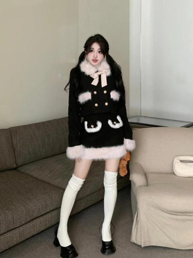 2023 Winter Kawaii Faux Fur Clothing Suit Woman Warm Elegant Coat + Slim Y2k Mini Skirt Outwear Korean Fashion Sets Office Lady