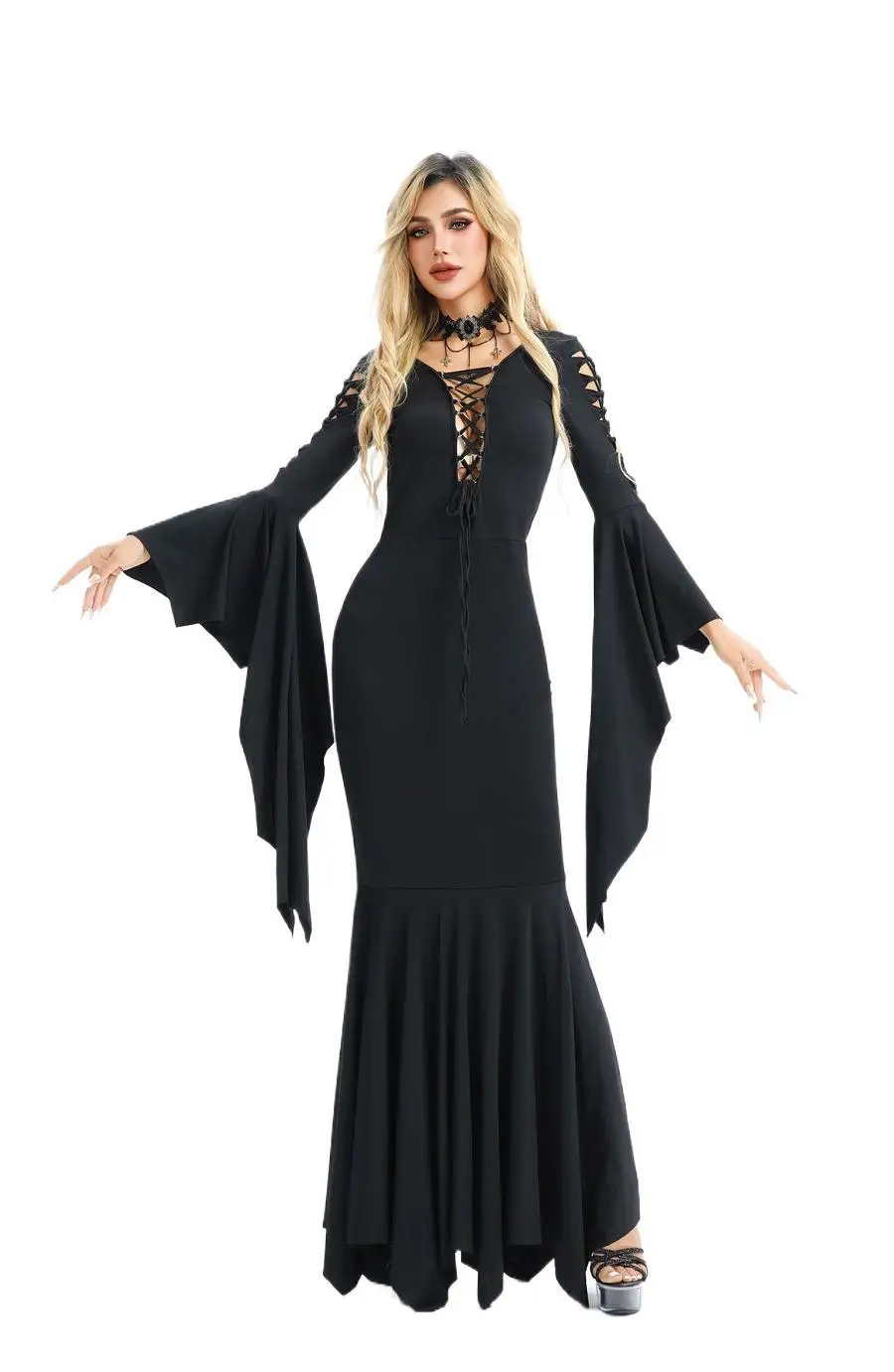 Medieval Vampire Black Lace Up Gown Robe For Women S-5XL Sexy Witch Ghost Halloween Costume Morticia Addam Gothic Maxi Dress