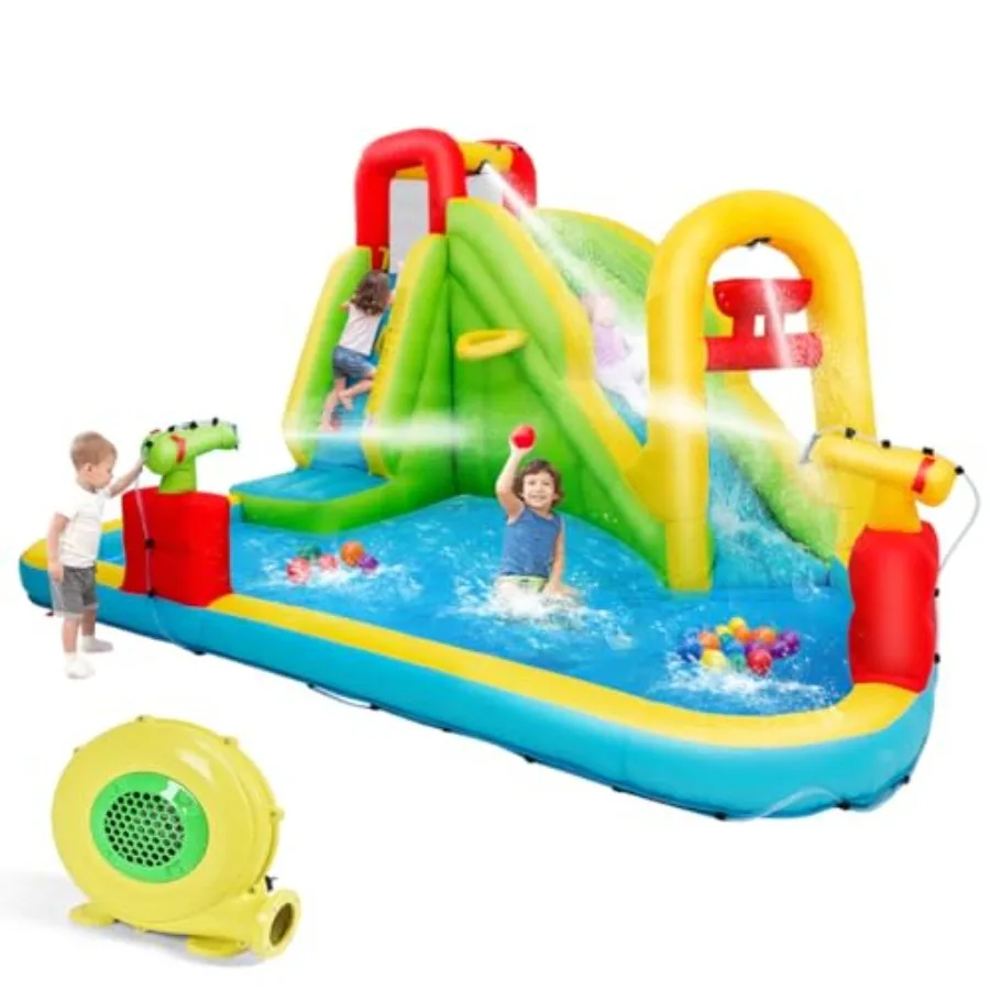 

Inflatable Water Slide 7-in-1 Backyard Waterslide Set with Climbing Wall Splashing Pool Long Slide Water Basin Water Cannons Bl