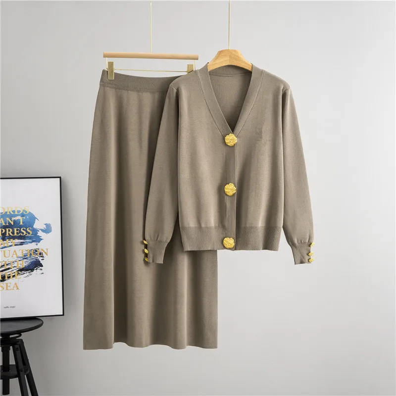 

Fashion autumn winter women set new V-neck single breasted solid knit long sleeve cardigan+elastic waist midi skirt 2-piece suit