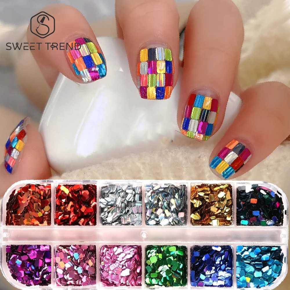 SWEET TREND-12 Colors Holographic Square Nail Sequins Laser 