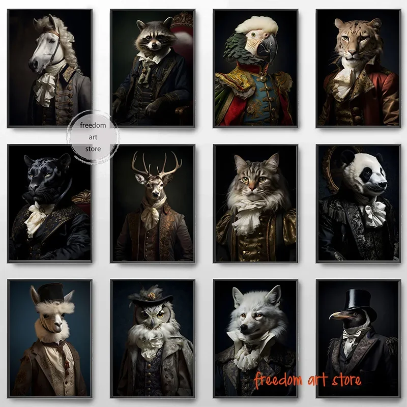 Retro Aristocrat Animal Panther Owl Wolf Cat Deer Dog Monkey Penguin Art Posters Canvas Painting Wall Prints Pictures Home Decor