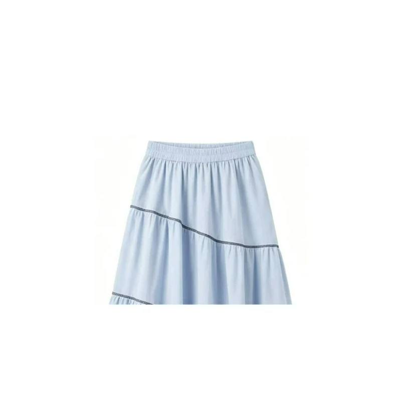 2026 New Blue Irregular Splicing Pleated Women's Skirt Korean Design Loose High Waist Thin A-line Big Swing Long Skirts Ladies