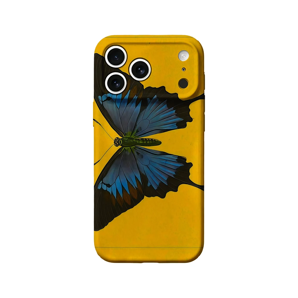 Blue Butterfly Yellow Base Phone Case For iPhone 17 16 15 14 13 12 11 Pro Max Air 16e 7 8 Plus XS Max X XR Hard PC Bumper Cover