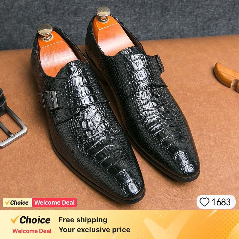 

Crocodile Pattern Men Wedding Dress Shoes Pointed Toe Brown Loafers Genuine Leather Slip On Male Casual Oxford Shoes