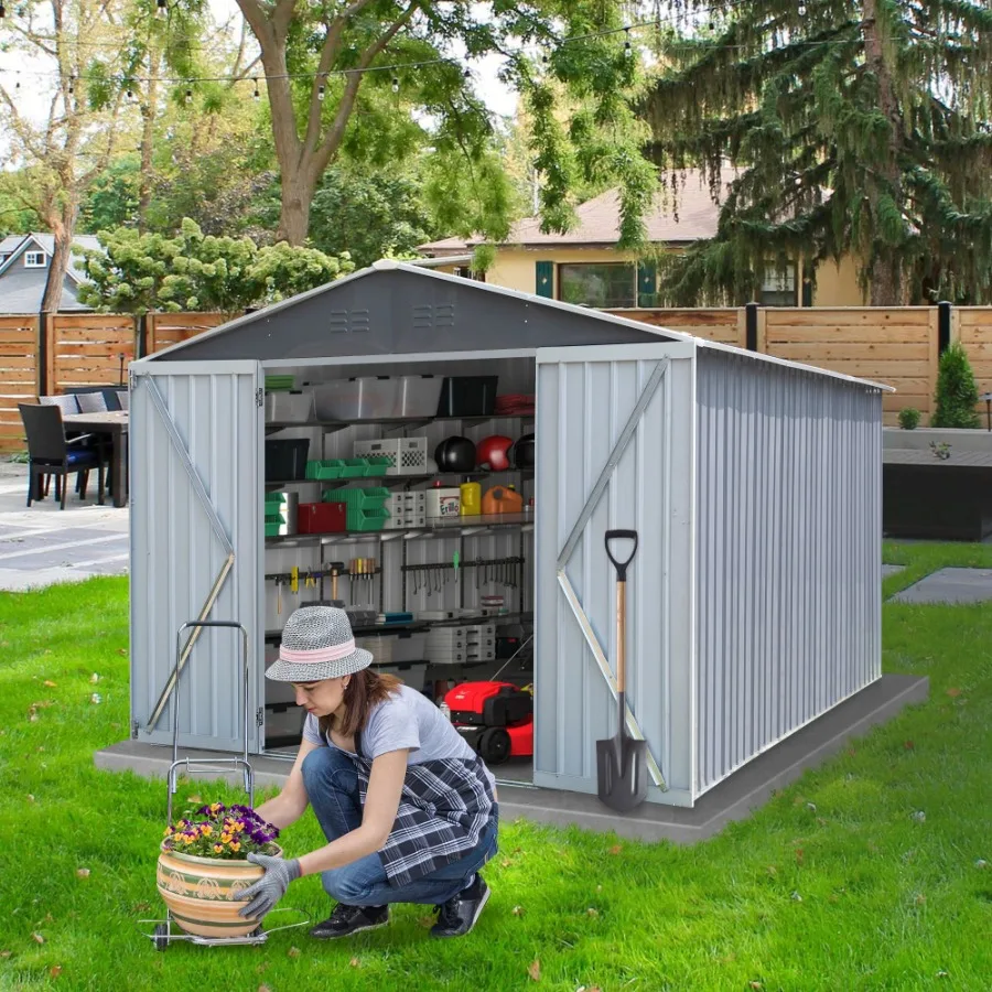 

8' x 12' Hinge Outdoor Storage Room Storage Shed with 2 Doors Sloping Roof and 6 Pegs Outside Garden Shed for Tools Bike Lawnmo