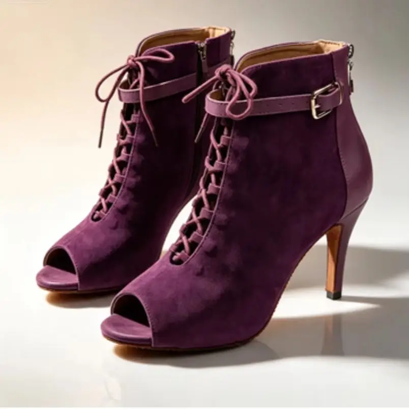 Women's Purple Latin Dance Ankle Boots Open Toe Lace-Up Buckle Strap Back Zipper Salsa Tango Ballroom High Heel Sneaker Footwear