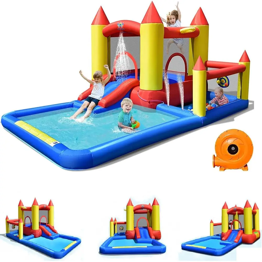 บ้านลมเป่าลมเล่นน้ำ, สวนน้ำสไลเดอร์ยักษ์สำหรับเด็กเล่นสนุกในสวนหลังบ้าน ทั้งแบบเปียกและแบบแห้ง พร้อมเครื่องเป่าลม 480 วัตต์, สระน้ำเล่นน้ำ, แบบเป่าลม