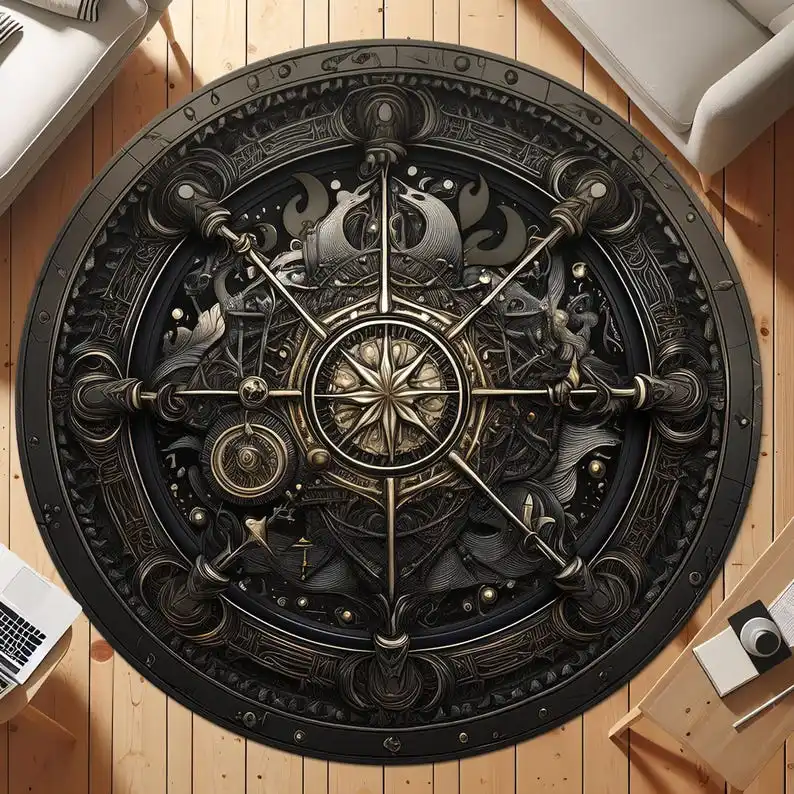 Round Rug with Norse Compass Design – Mystical Home Decor for Bedroom and Living Room