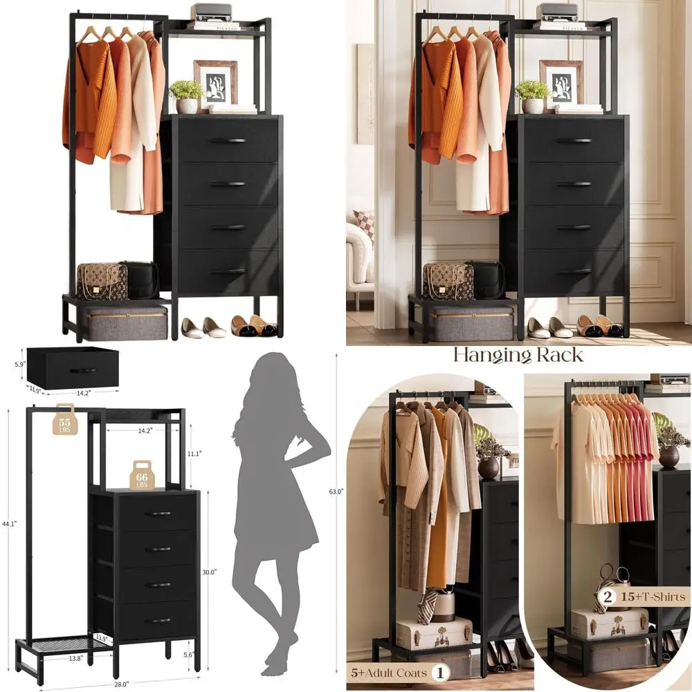 

Компактная подвесная вешалка для небольших гардеробных - шкаф для хранения с 4 ящиками, высота 44 дюйма, идеально подходит для одежды, комодов, детских комнат и гостиных.