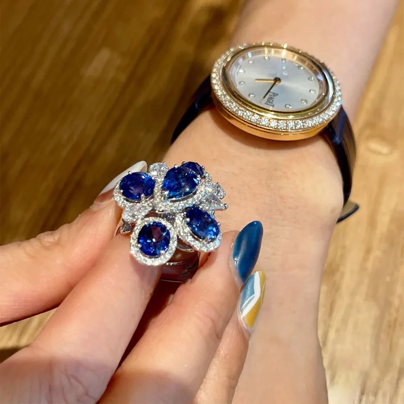 925 sterling silver colored gem deep sea sapphire flower-layered ring women's open niche design high-end index finger ring
