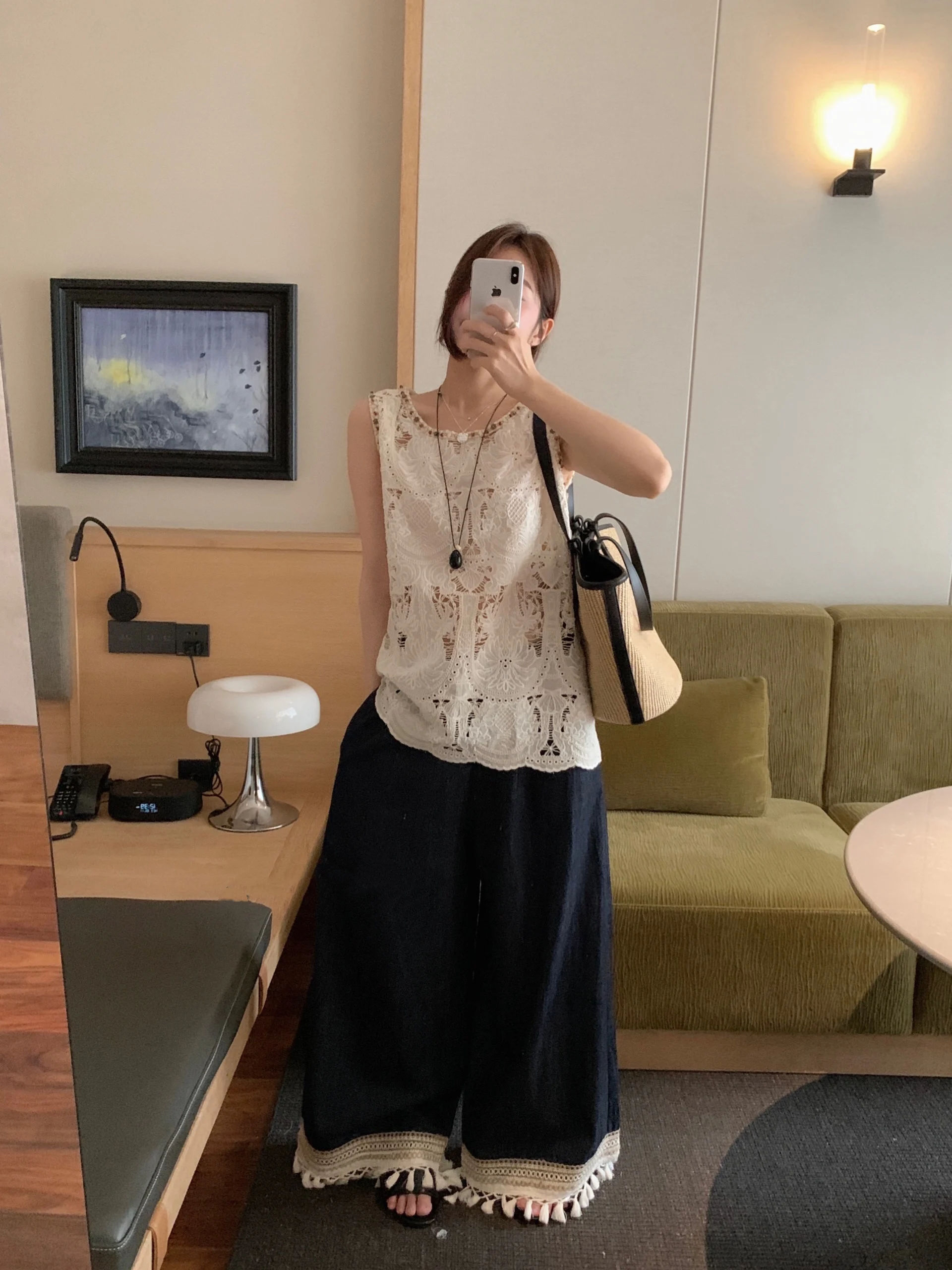 

Fashionable Heavy Embroidery Hollow out Top Wide Leg Pants Casual Loose Fit Summer Set Women's High Waist Long Pants
