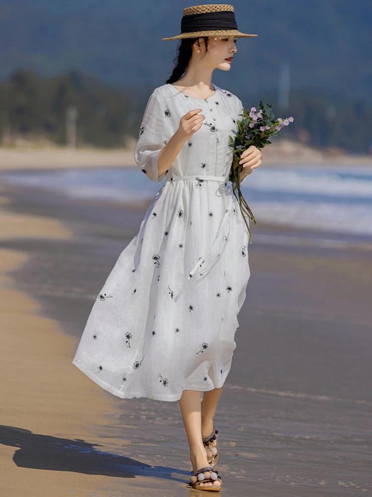 100% Ramie Women Holiday Long Dress New Arrival 2026 Summer O-neck Floral Embroidery Ladies Elegant A-line Dresses M2754