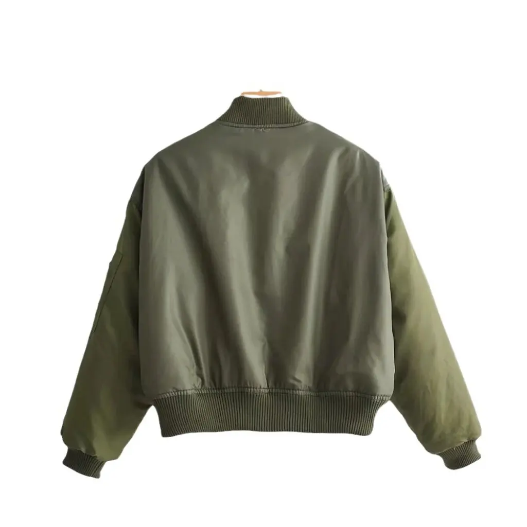 

Women's Slim Fit Short Bomber Jacket Army Green Stand Collar Zipper Cardigan Cotton Outwear for Autumn
