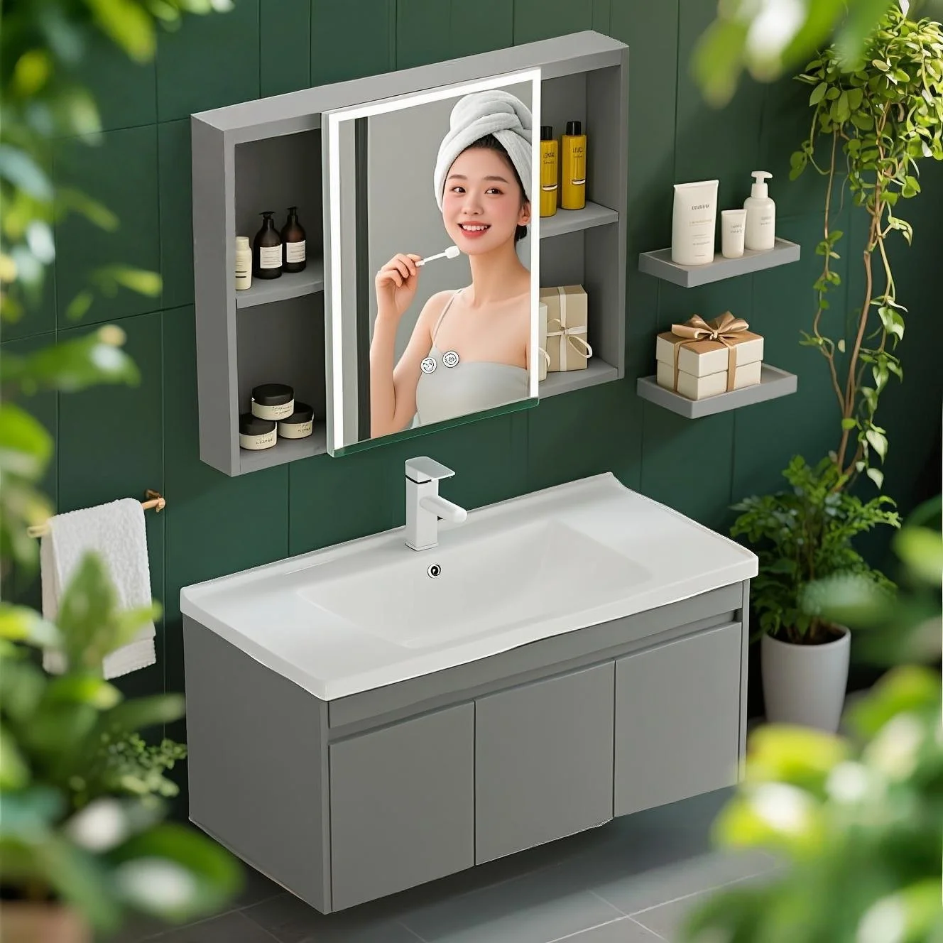 

Современный настенный комплект мебели для ванной комнаты: тумба с LED-зеркалом и умным управлением, подвесная раковина для столовой