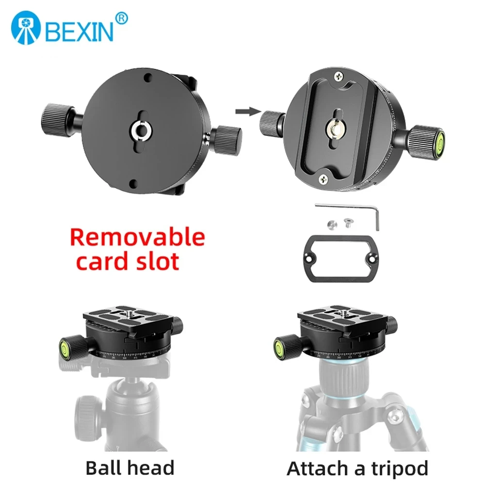 BEXIN QJ-08 Panoramic 360° Rotating Quick Release Plate Clamp Tripod Head Universal Photography Clamp Base for DSLR Camera