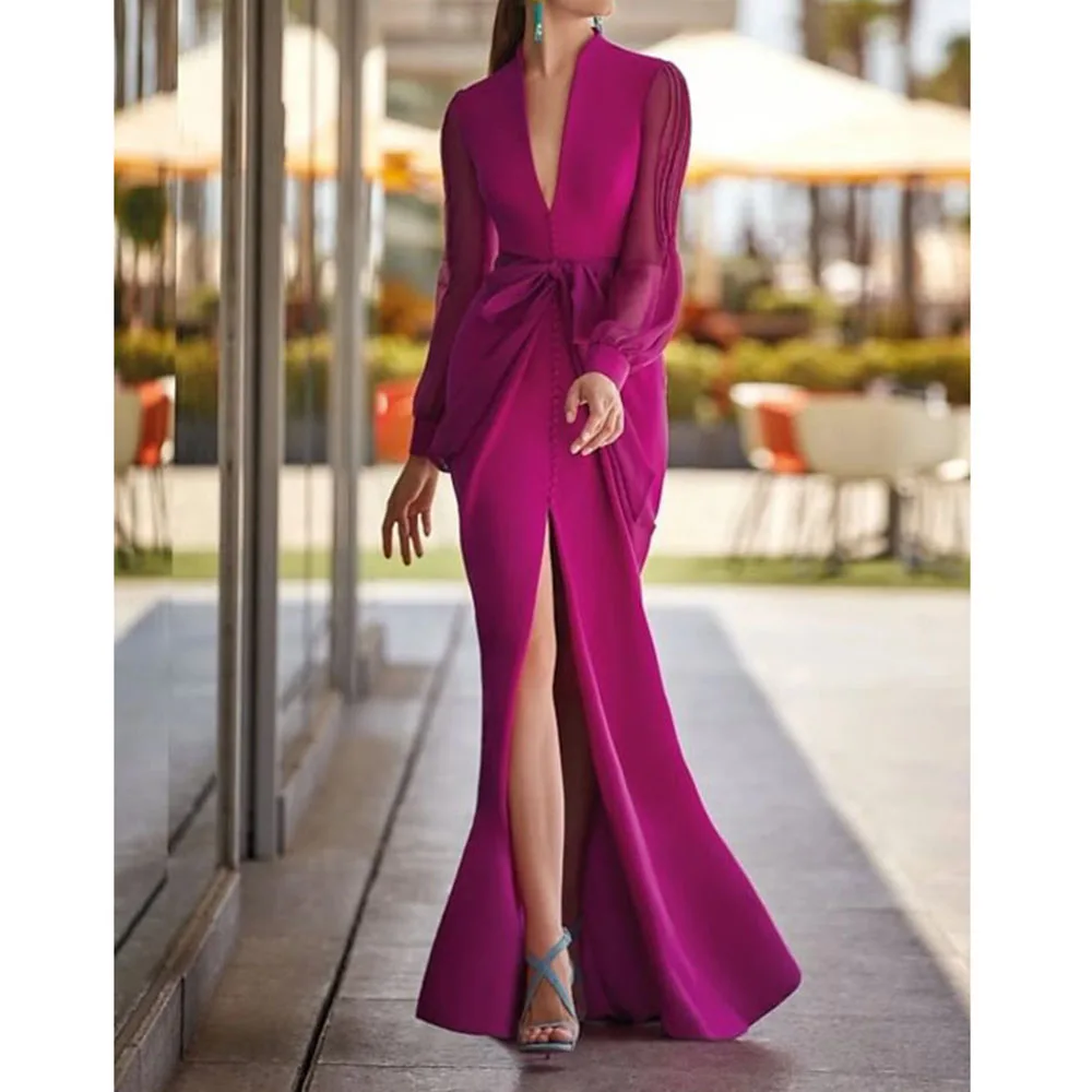 Elegant Mother of the Bride Dresses V-Neck Full Sleeves Trumpet Slim Fit Side Split High Quality Smart Women Evening Party Gowns