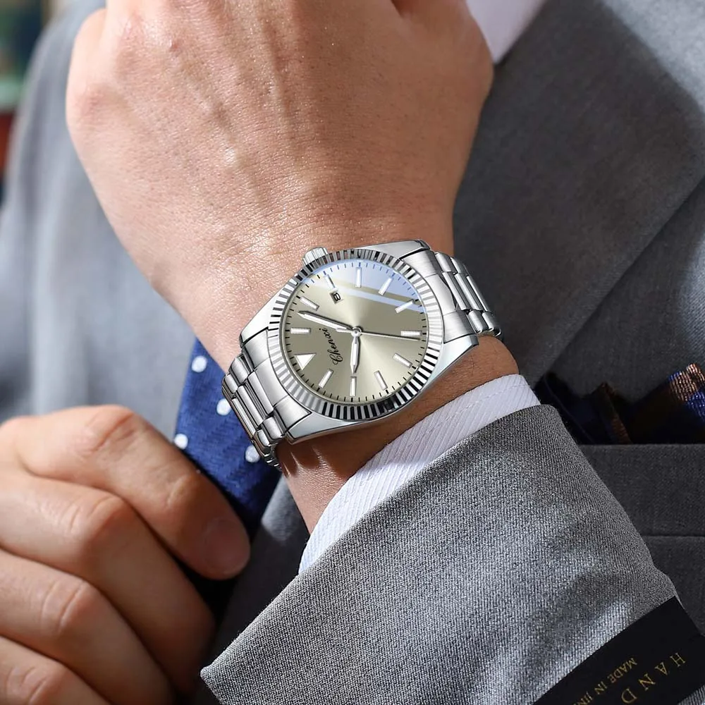 CHENXI 남성용 쿼츠 시계 날짜 표시 스테인리스 스트랩 방수 비즈니스 캐주얼 시계 남성용 시계 선물