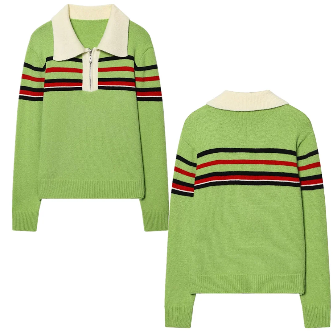 

Maxdutti American Retro Polo Collar Striped Knitted Sweatshirt Women's Sweater Knitwear Woman Clothing Woman Clothes Pullover T