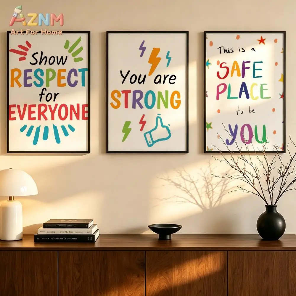 AZNM Colorful Motivational Positive Quote Canvas Wall Art Kindness Respect Inspirational Text Poster Classroom Kids Playroom Edu